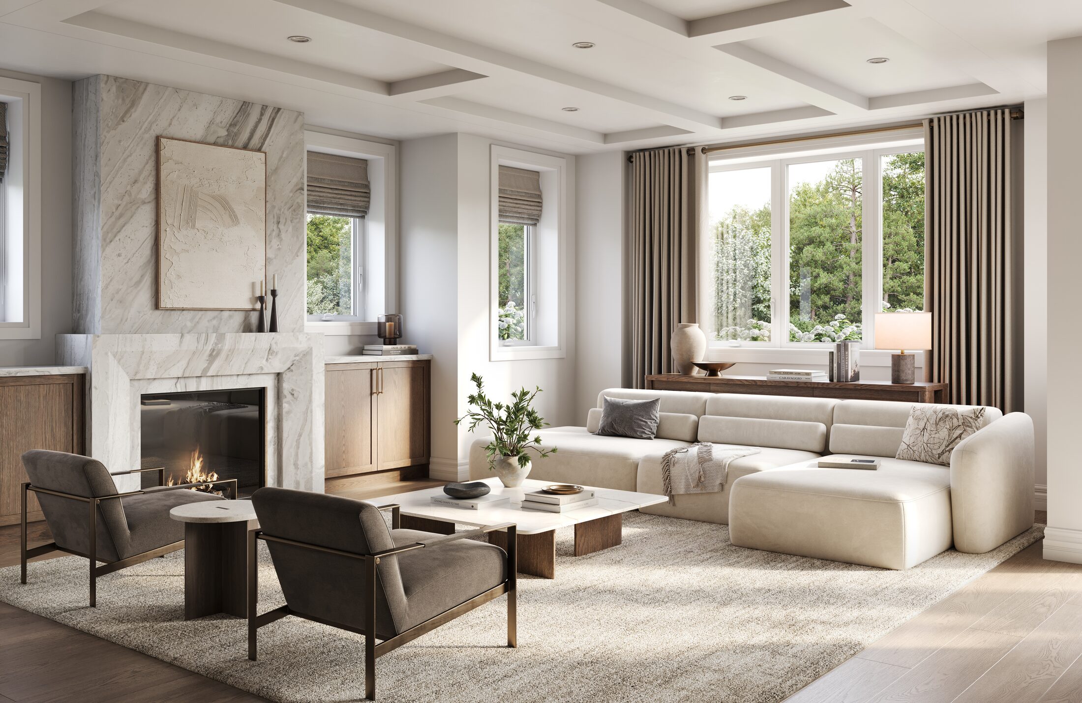 Great room interior rendering at Five Oaks with fireplace and floor to ceiling windows