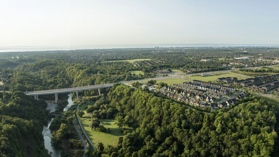 Aerial site overview of Five Oaks above Sixteen Mile Creek